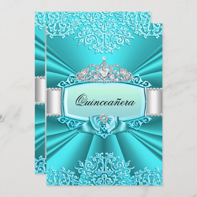 Invitation Turquoise Tiara Damask Quinceanera (Devant / Derrière)