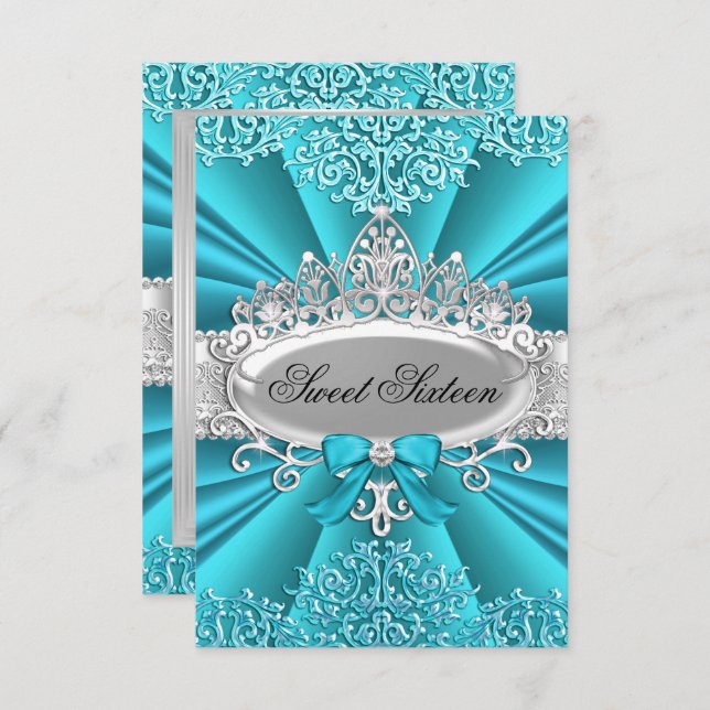 Invitation turquoise Tiara & Damask Sweet sixteen (Devant / Derrière)