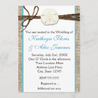 Invitation turquoise toile de jute dollar de sable