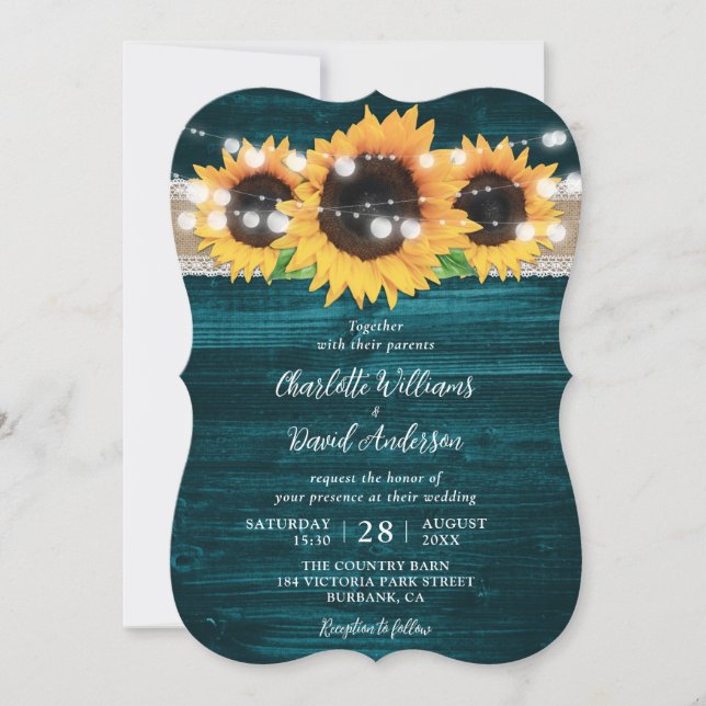 Invitation Turquoise Tournesol Chaîne Lumières Burlap Mariage (Devant)