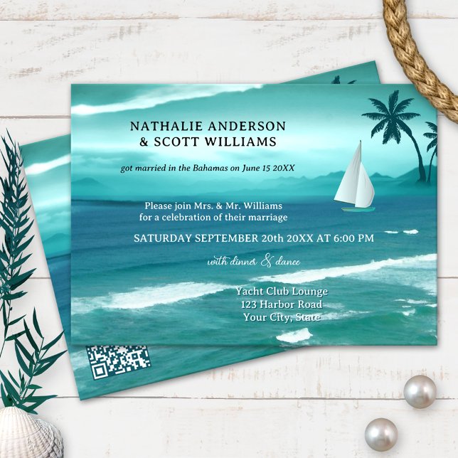 Invitation Turquoise Tropical Voile QR Code après Mariage (Créateur téléchargé)
