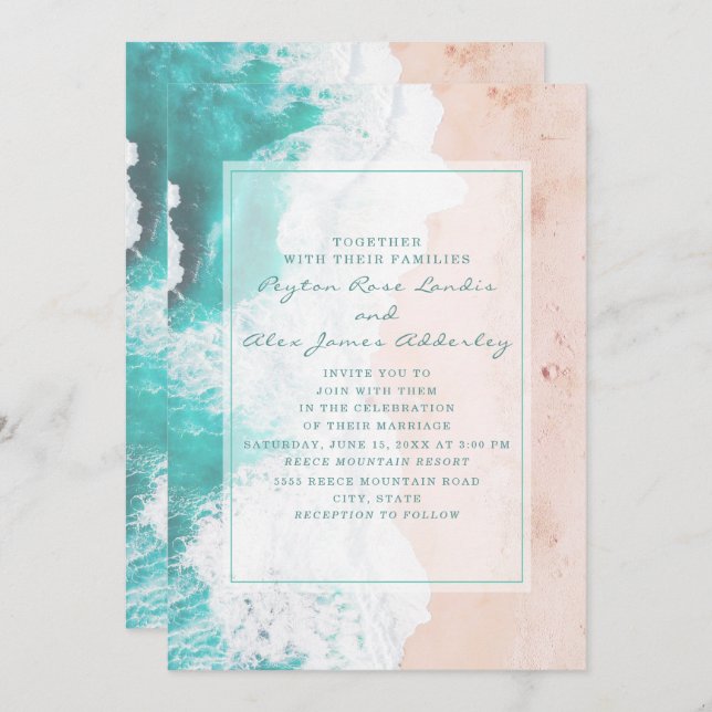 Invitation Turquoise tropical White Brown Ocean Beach Mariage (Devant / Derrière)