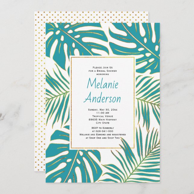 Invitation Turquoise tropicale feuille mariage nuptiale (Devant / Derrière)