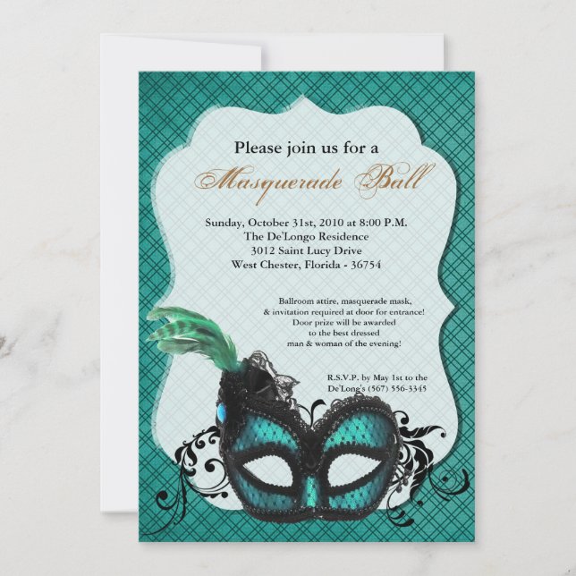 Invitation Turquoise Turquo Masquerade Masque Masque Ball Cos (Devant)