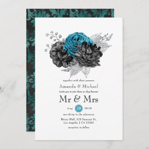 Invitation Turquoise - Turquoise Black and Silver Floral Mari