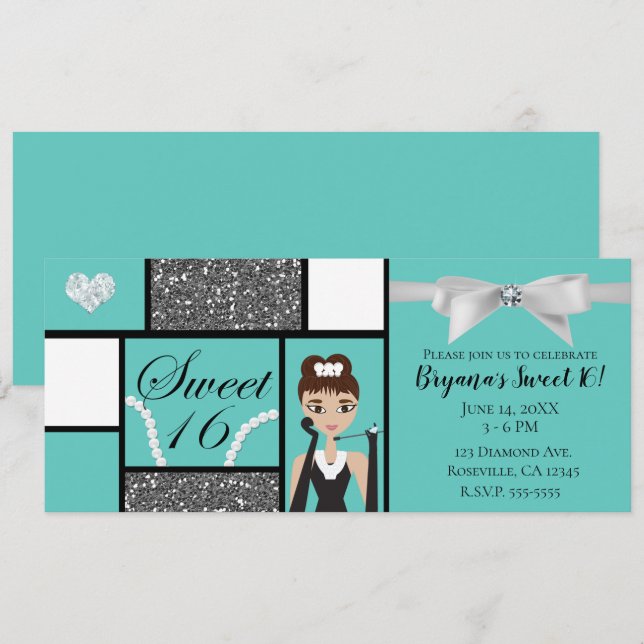 Invitation Turquoise Turquoise & Blanc Bow Sweet 16 Anniversa (Devant / Derrière)