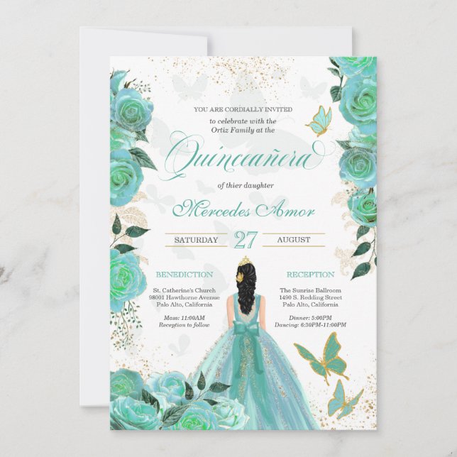 Invitation Turquoise Turquoise Bleu Rose Butterfly Quinceaner (Devant)