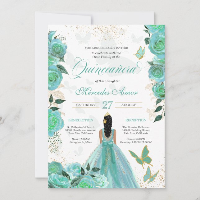 Invitation Turquoise Turquoise Bleu Rose Butterfly Quinceaner (Devant)