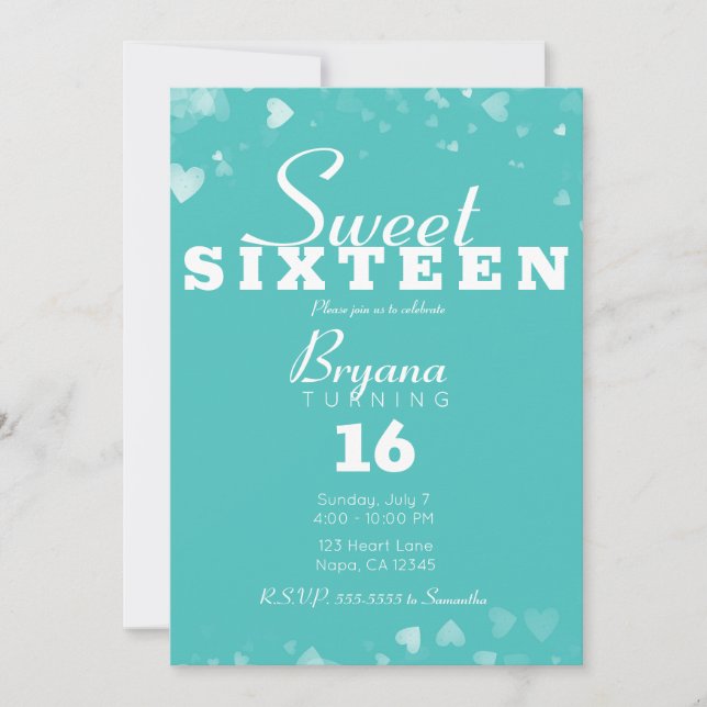 Invitation Turquoise Turquoise & Coeurs blancs Chic Sweet 16  (Devant)
