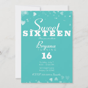 Invitation Turquoise Turquoise & Coeurs blancs Chic Sweet 16 