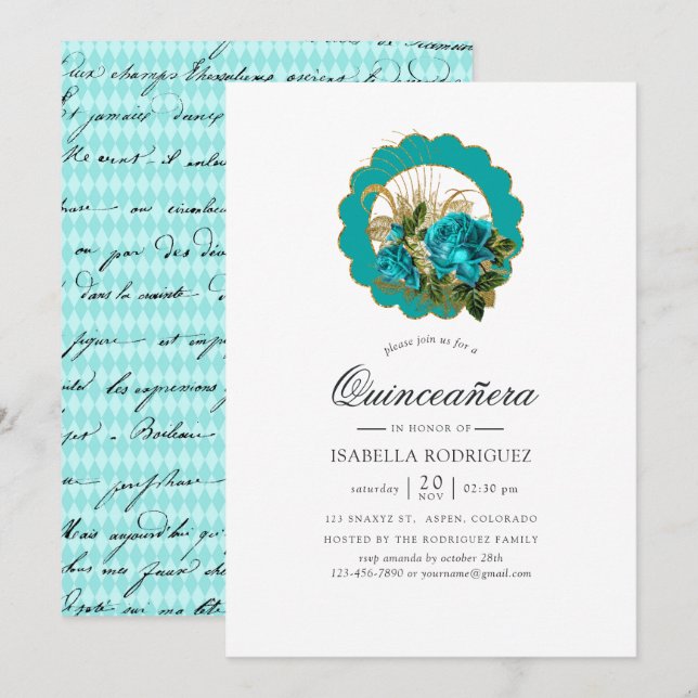 Invitation Turquoise - Turquoise et Gold Chic Paris Quinceañe (Devant / Derrière)