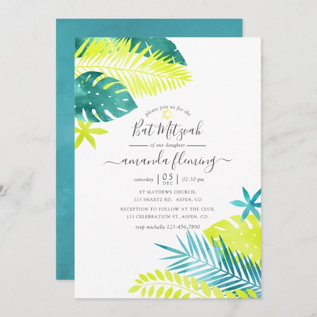 Invitation Turquoise - Turquoise et Lemon Tropical Bat mitzva (Devant / Derrière)