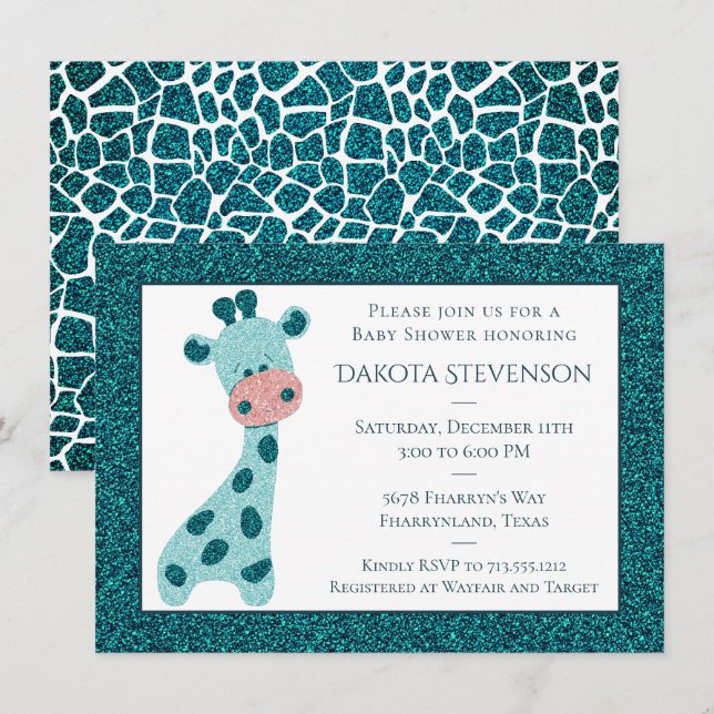Invitation Turquoise Turquoise Giraffe Baby shower Parties sc (Devant / Derrière)