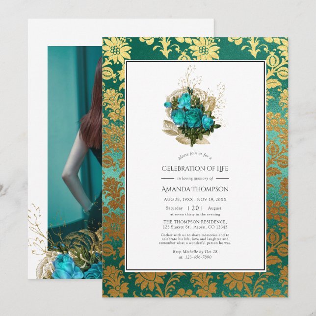 Invitation Turquoise - Turquoise & Gold Floral Célébration de (Devant / Derrière)