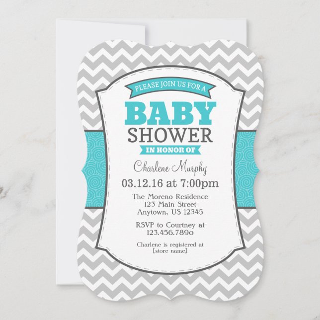 Invitation Turquoise Turquoise Gris Chevron Baby shower Invit (Devant)
