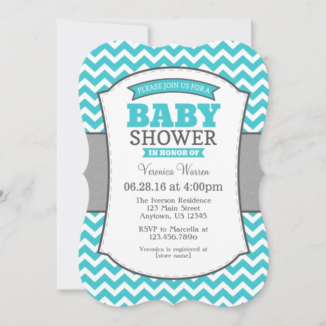 Invitation Turquoise Turquoise Gris Chevron Baby shower Invit (Devant)