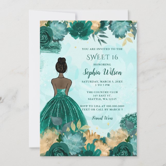 Invitation Turquoise Turquoise Or Floral Princess Sweet 16 (Devant)