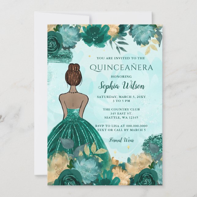 Invitation Turquoise Turquoise Or Floral Princesse Quinceañer (Devant)