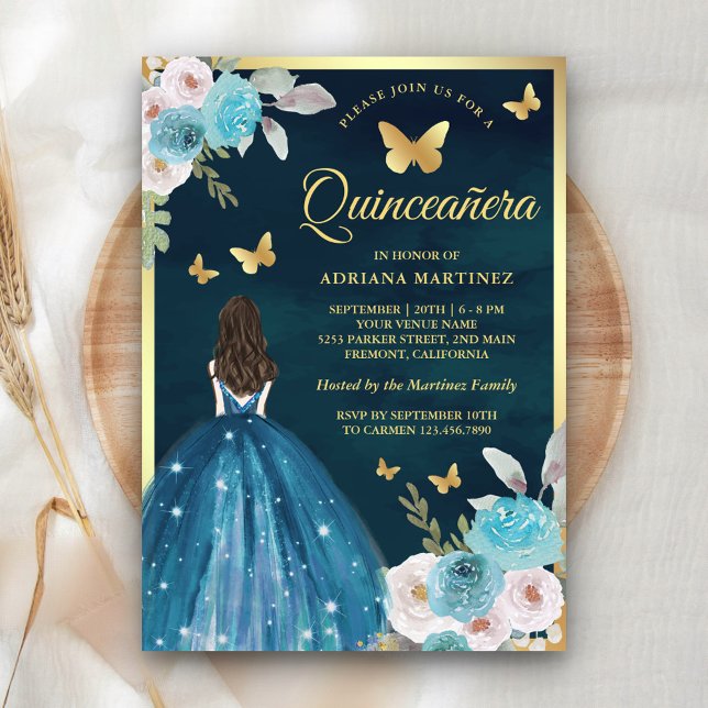 Invitation Turquoise Turquoise papillon floral Or Quinceanera (Créateur téléchargé)