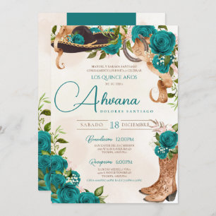 Invitation Turquoise Turquoise Quinceañera Charro Rose occide