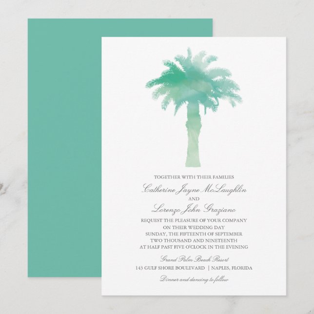 Invitation Turquoise vert aquarelle Palm Tree Mariage (Devant / Derrière)