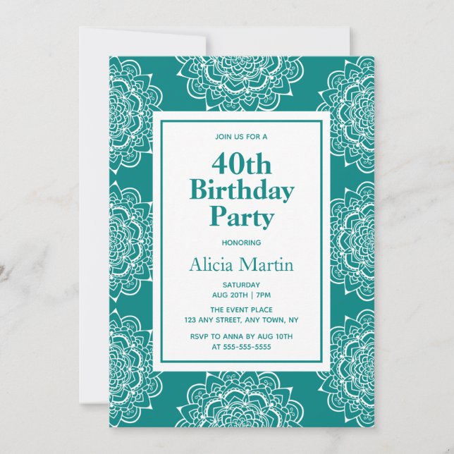 Invitation Turquoise vert & blanc Mandala Flower 40th Birthda (Devant)