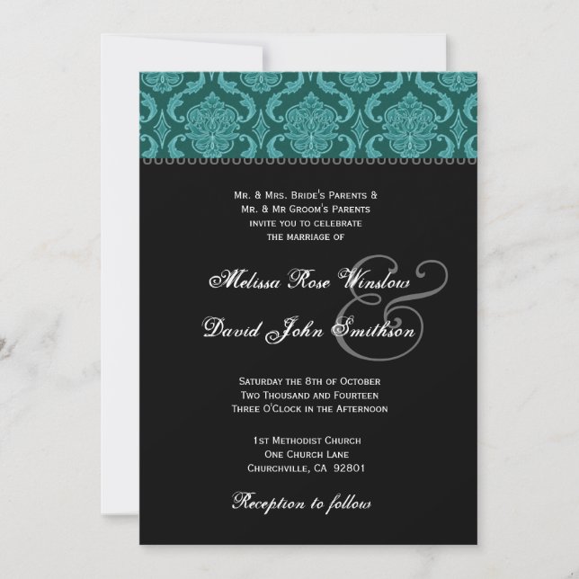Invitation Turquoise vert Damas et noir Mariage Ver2 (Devant)
