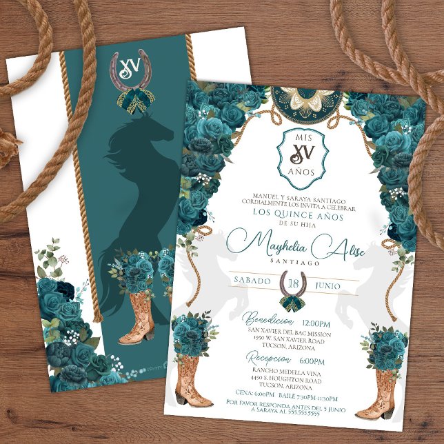 Invitation Turquoise Vert Floral Ouest Charro Quinceañera (Créateur téléchargé)