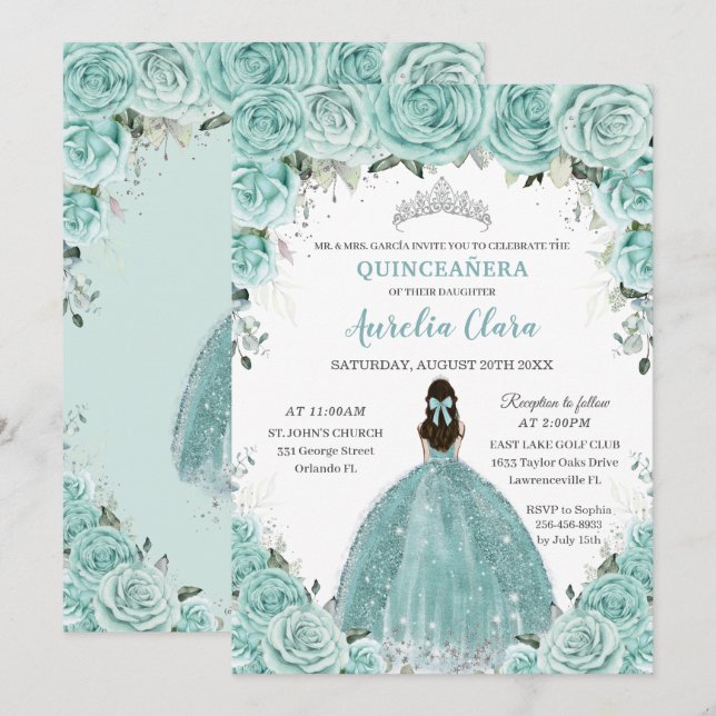 Invitation Turquoise Vert Floral Princesse Argent Quinceañera (Devant / Derrière)