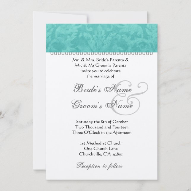Invitation Turquoise vert Mariage Damask Champagne Papier mét (Devant)