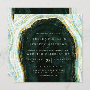 Invitation Turquoise Vert & Or Agate Marble Rock Mariage Carr