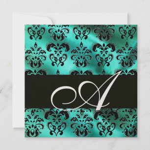 Invitation TURQUOISE VERT SOIE DAMAS TISSU MONOGRAMME ,Or