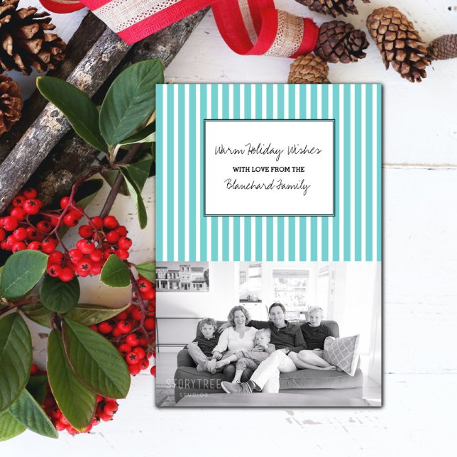 Invitation Turquoise Vertical Festipes Photo de vacances (Turquoise Festive Stripes Holiday Photo Card)