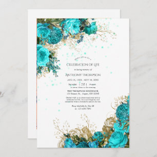Invitation Turquoise vintage et Gold Célébration de vie