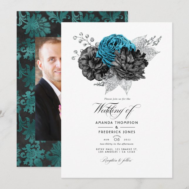 Invitation Turquoise Vintage - Floral Noir et Argent (Devant / Derrière)