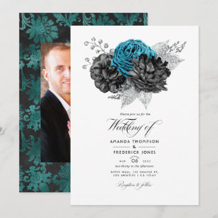 Invitation Turquoise vintage - Floral noir et argent Turquois