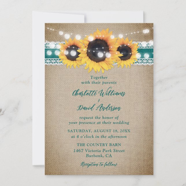 Invitation Turquoise Vintage Sunflower Burlap Lace Mariage (Devant)