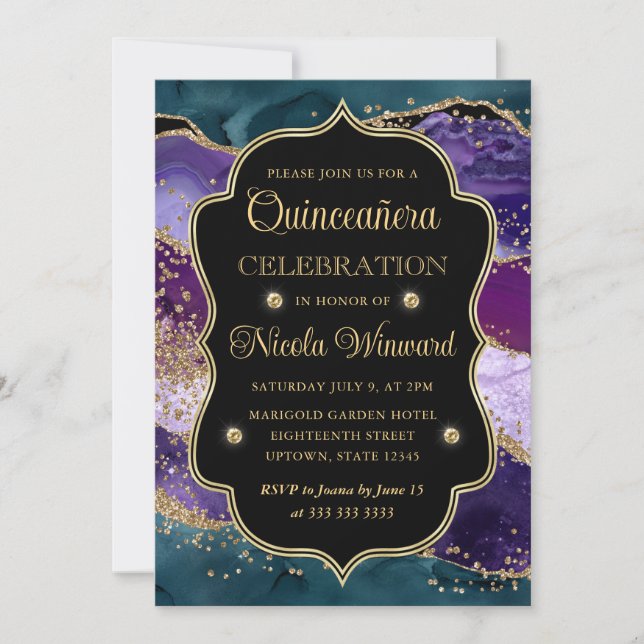 Invitation Turquoise, violet et or Parties scintillant Agate  (Devant)