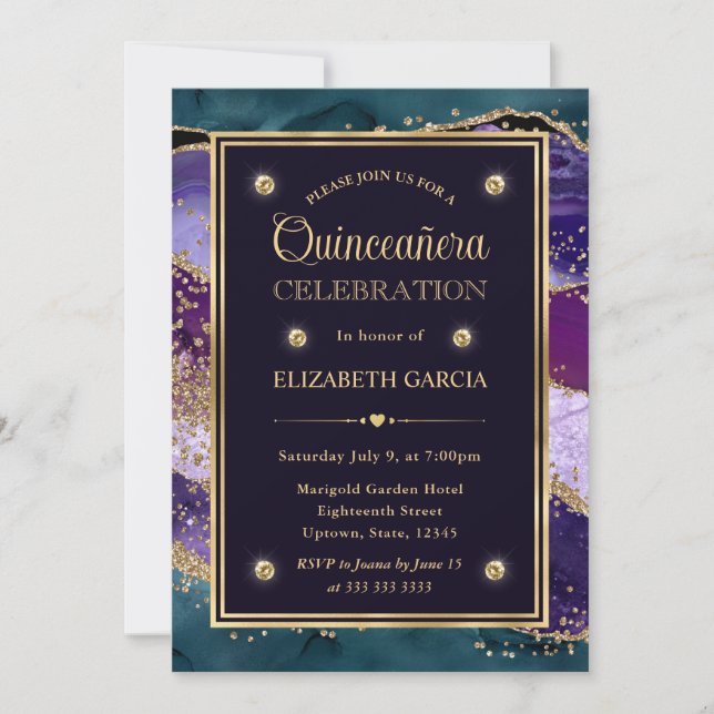 Invitation Turquoise, violet et or Parties scintillant Agate  (Devant)