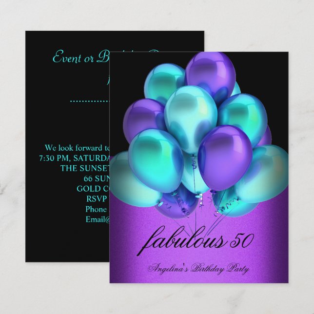 Invitation Turquoise violet Fabrique Black Balloons Party (Devant / Derrière)
