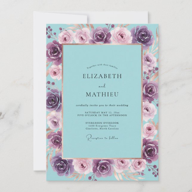 Invitation Turquoise Violet Ranunculus Sage Mariage (Devant)