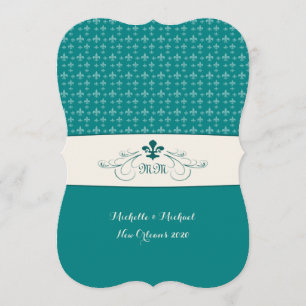 Invitation Turquoise White Fleur de Lis Mariage