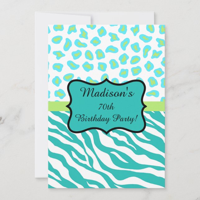 Invitation Turquoise White Zebra Leopard 70e anniversaire (Devant)
