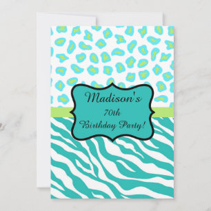 Invitation Turquoise White Zebra Leopard 70e anniversaire