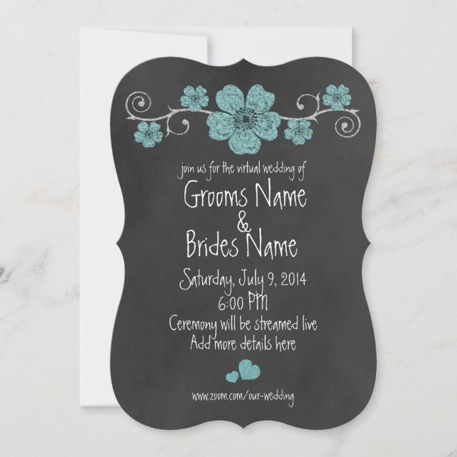 Invitation Turquoise Wild Roses Chalkboard Virtual Mariage (Devant)