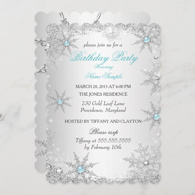 Invitation Turquoise Winter Wonderland fête d'anniversaire (Devant / Derrière)