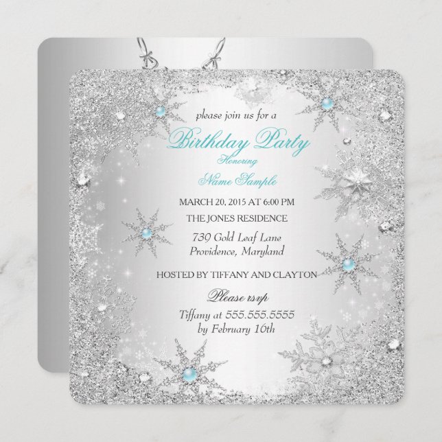 Invitation Turquoise Winter Wonderland fête d'anniversaire (Devant / Derrière)