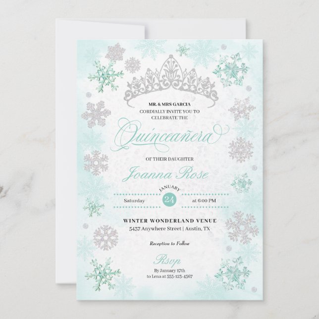 Invitation Turquoise Winter Wonderland Snowflake Quinceanera (Devant)