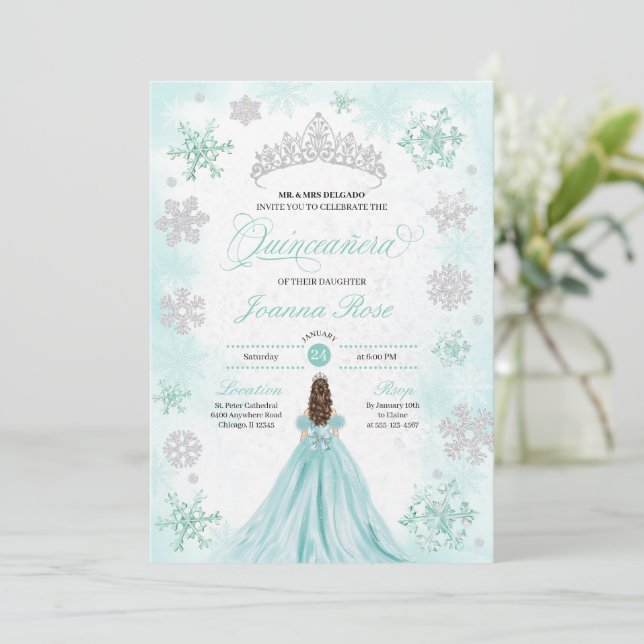 Invitation Turquoise Winter Wonderland Snowflake Quinceanera (Debout devant)