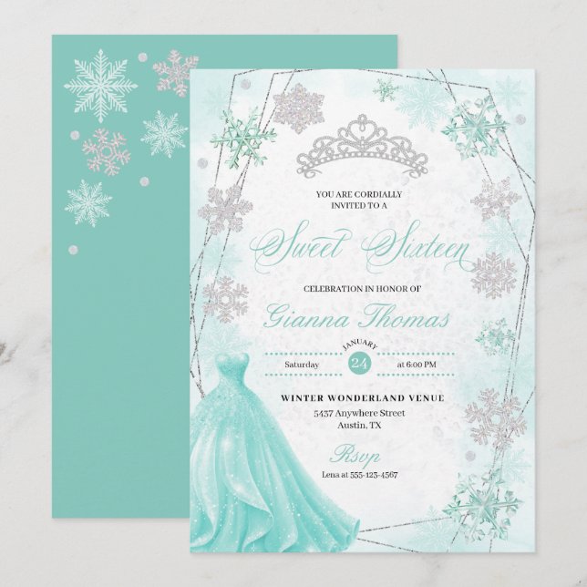 Invitation Turquoise Winter Wonderland Snowflake Sweet 16 (Devant / Derrière)